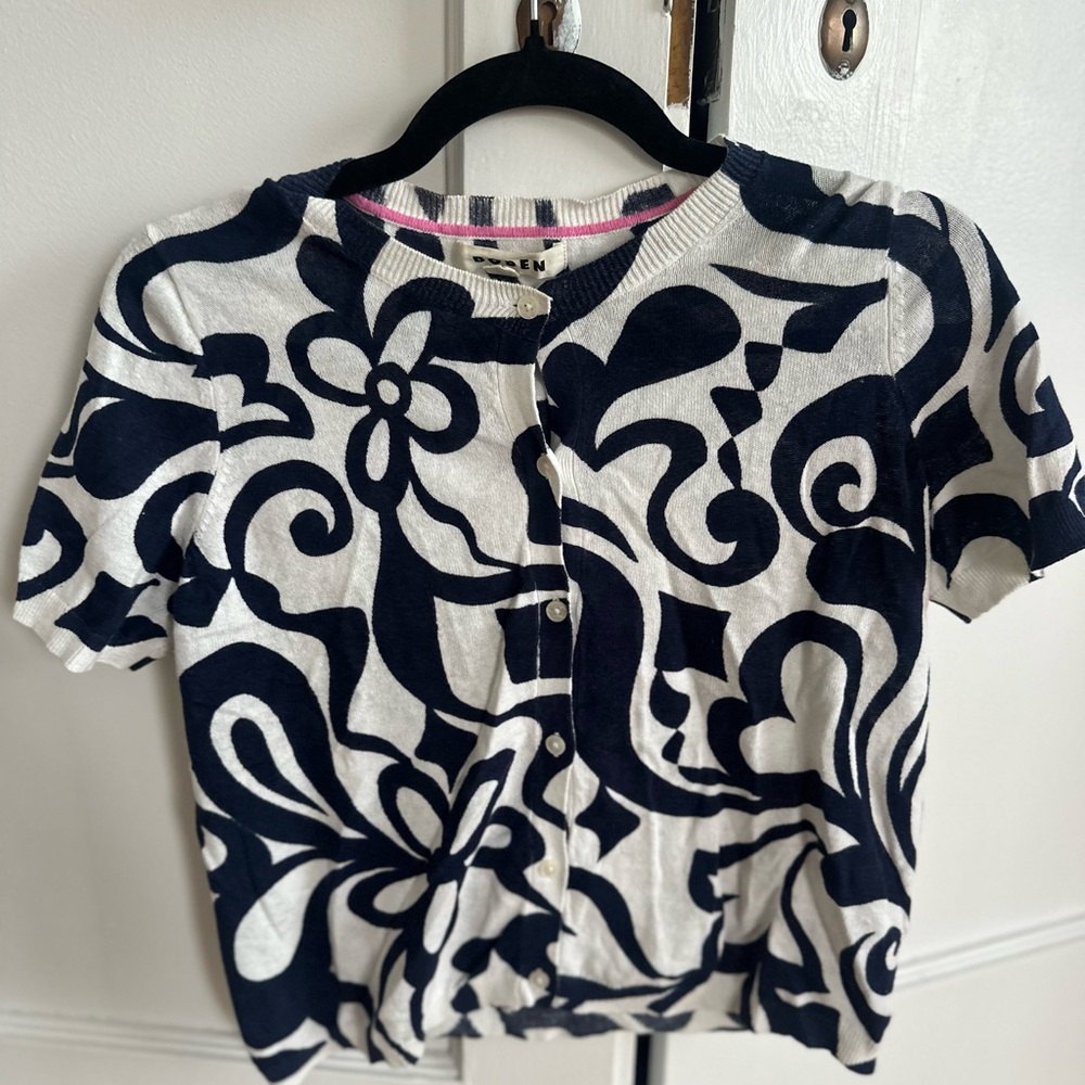 Boden Navy and White Floral Short Sleeve Cardigan